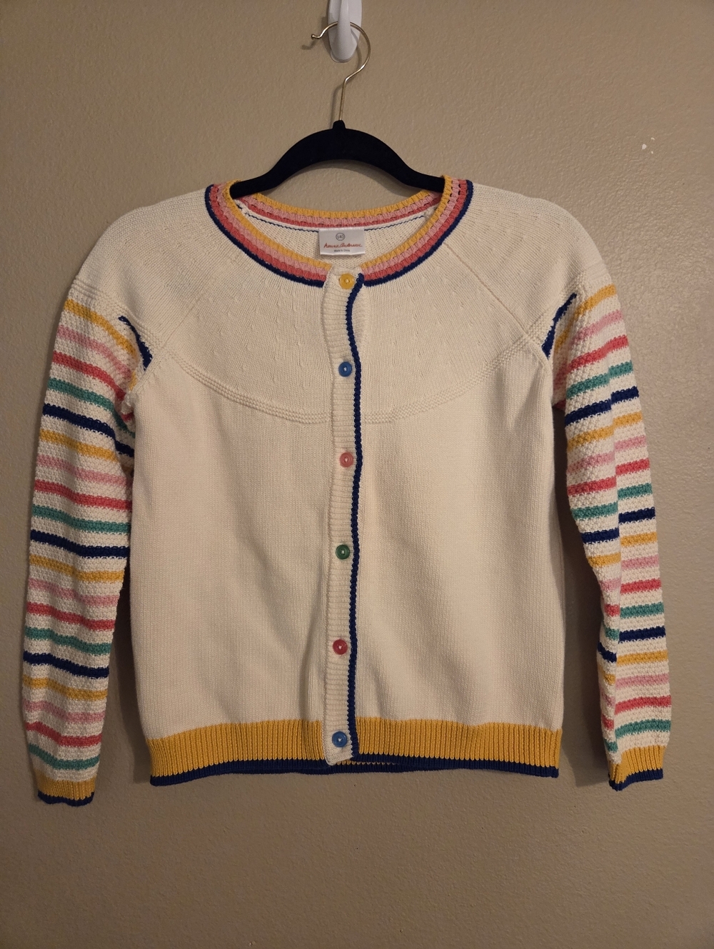 HANNA ANDERSSON Cream Multi Striped Textured Cotton Button Front Cardigan SZ 10
